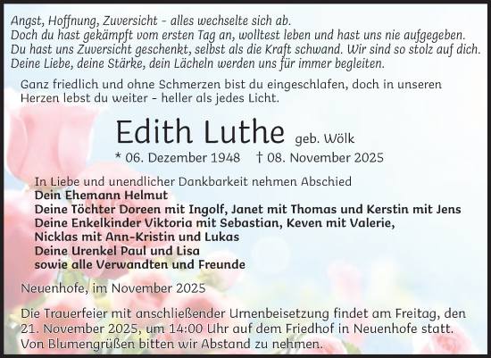 Traueranzeige von Edith Luthe von Volksstimme Haldensleben/Wolmirstedt