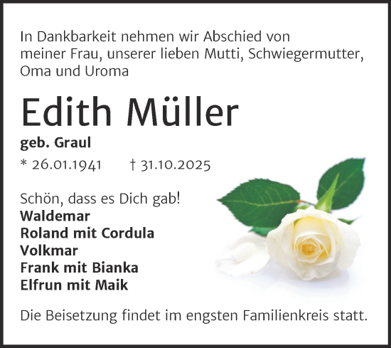 Traueranzeige von Edith Müller von Trauerkombi Sangerhausen