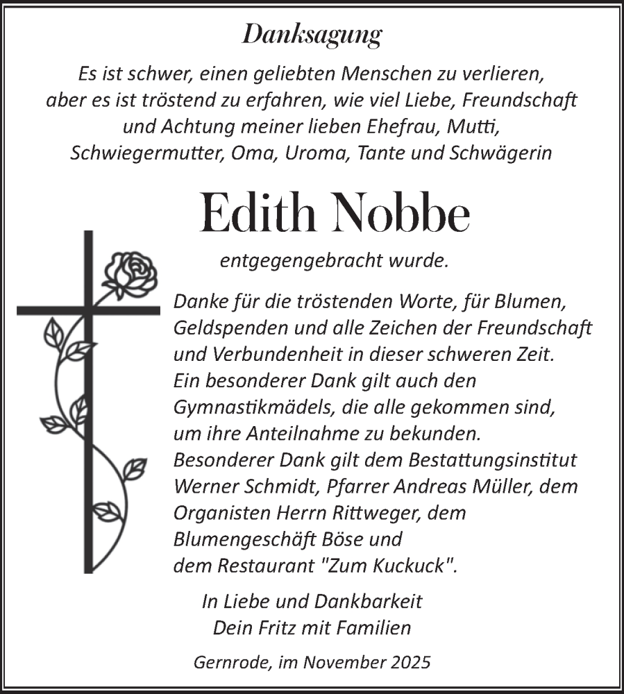  Traueranzeige für Edith Nobbe vom 15.11.2025 aus Trauerkombi Quedlinburg