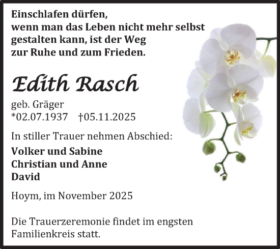 Traueranzeige von Edith Rasch von Trauerkombi Aschersleben