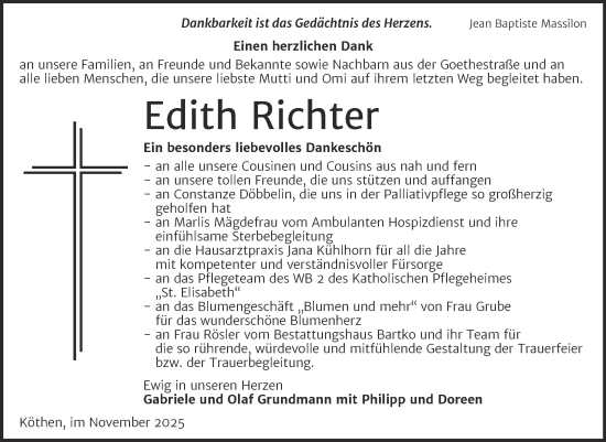 Traueranzeige von Edith Richter von Trauerkombi Köthen