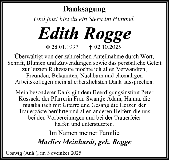 Traueranzeige von Edith Rogge von Trauerkombi Wittenberg