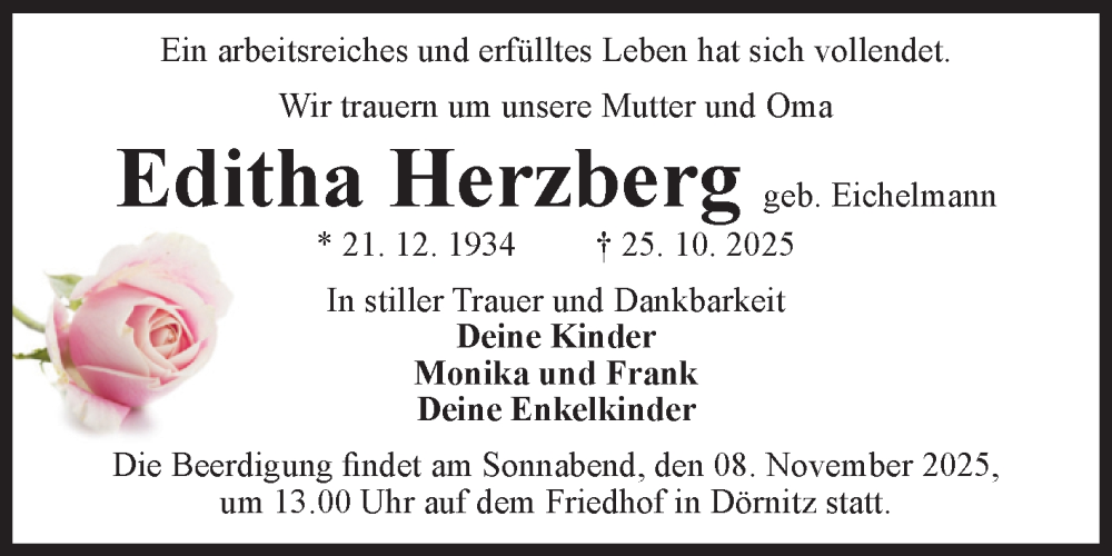  Traueranzeige für Editha Herzberg vom 01.11.2025 aus Volksstimme Zerbst