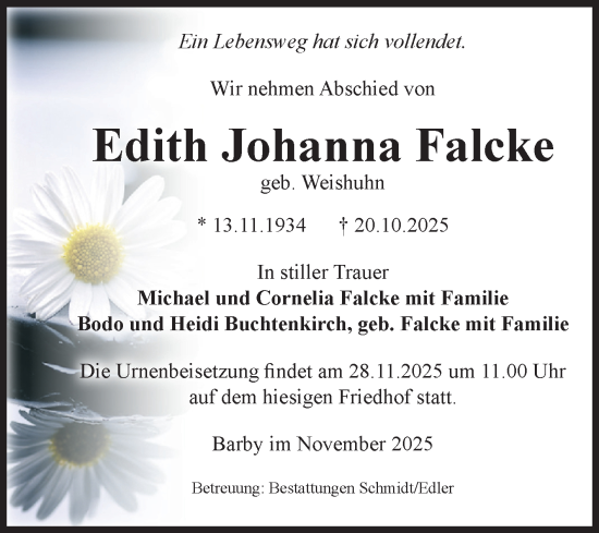 Traueranzeige von Edith Johanna Falcke von Volksstimme Schönebeck
