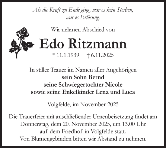 Traueranzeige von Edo Ritzmann von Volksstimme Altmark Ost