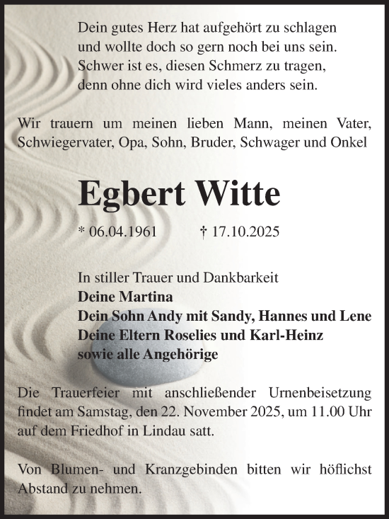 Traueranzeige von Egbert Witte von Volksstimme Zerbst
