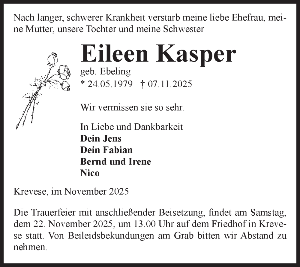  Traueranzeige für Eileen Kasper vom 15.11.2025 aus Volksstimme Altmark Ost