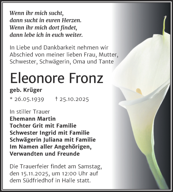 Traueranzeige von Eleonore Fronz von Mitteldeutsche Zeitung Halle/Saalkreis
