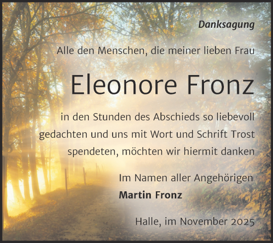 Traueranzeige von Eleonore Fronz von Mitteldeutsche Zeitung Halle/Saalkreis