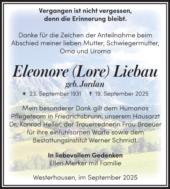 Traueranzeige von Eleonore Liebau von Trauerkombi Quedlinburg