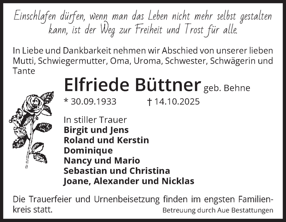  Traueranzeige für Elfriede Büttner vom 08.11.2025 aus Volksstimme Magdeburg