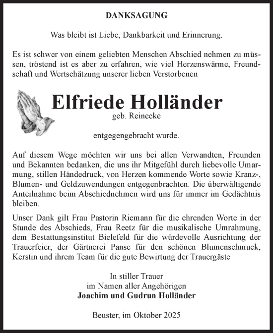 Traueranzeige von Elfriede Holländer von Volksstimme Altmark Ost