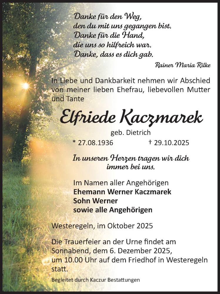 Traueranzeige für Elfriede Kaczmarek vom 08.11.2025 aus Volksstimme Staßfurt