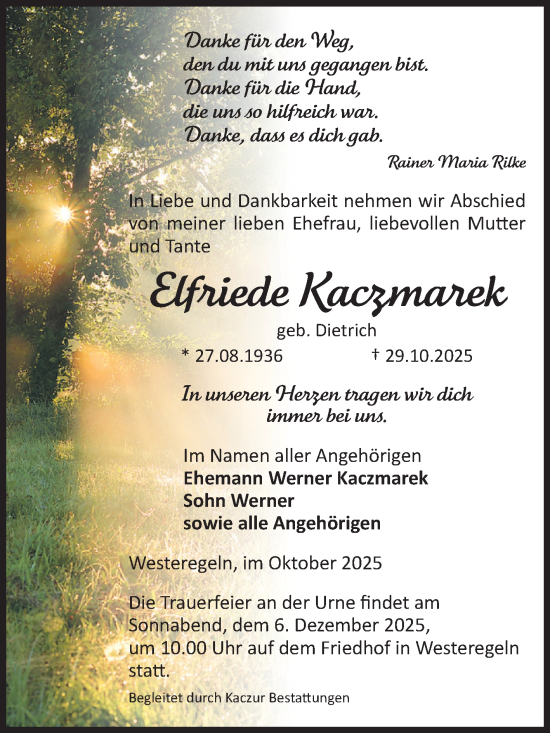 Traueranzeige von Elfriede Kaczmarek von Volksstimme Staßfurt