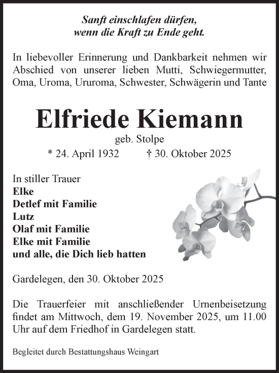 Traueranzeige von Elfriede Kiemann von Volksstimme Altmark West