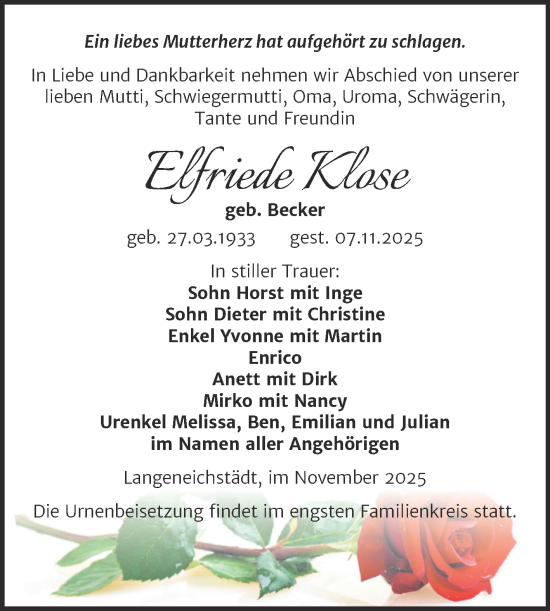 Traueranzeige von Elfriede Klose von Trauerkombi Merseburg