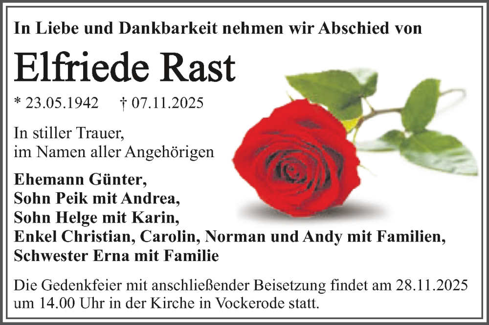  Traueranzeige für Elfriede Rast vom 22.11.2025 aus Trauerkombi Wittenberg