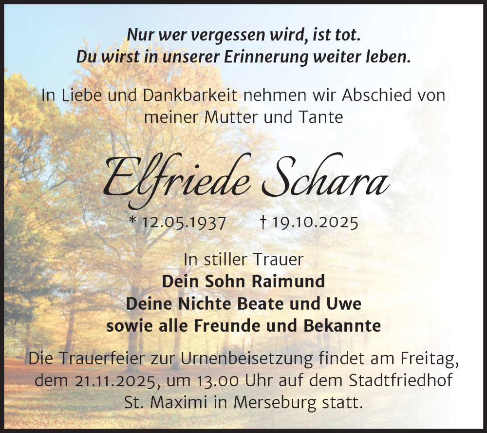  Traueranzeige für Elfriede Schara vom 01.11.2025 aus Trauerkombi Merseburg