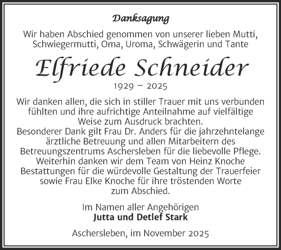 Traueranzeige von Elfriede Schneider von Trauerkombi Aschersleben