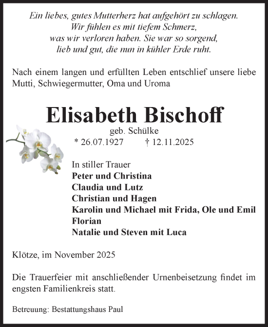 Traueranzeige von Elisabeth Bischoff von Volksstimme Altmark West