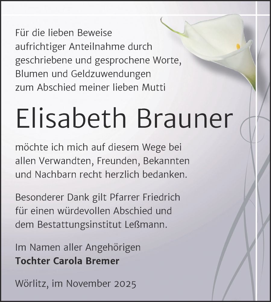  Traueranzeige für Elisabeth Brauner vom 22.11.2025 aus Trauerkombi Wittenberg
