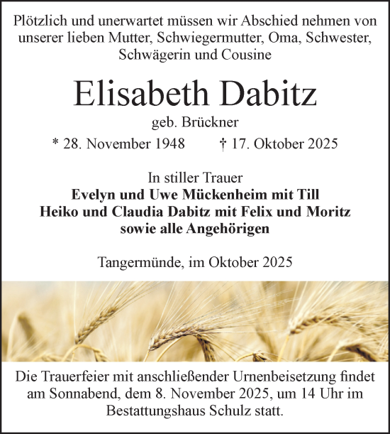 Traueranzeige von Elisabeth Dabitz von Volksstimme Altmark Ost