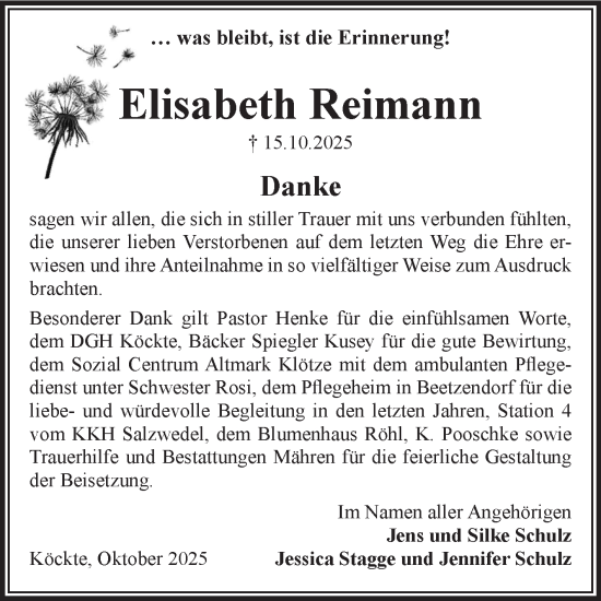 Traueranzeige von Elisabeth Reimann von Volksstimme Altmark West