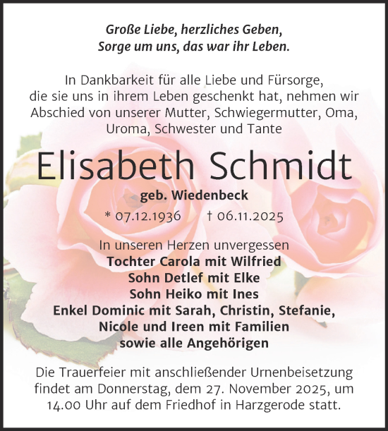 Traueranzeige von Elisabeth Schmidt von Trauerkombi Quedlinburg