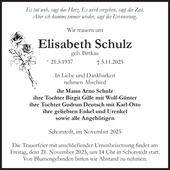 Traueranzeige von Elisabeth Schulz von Volksstimme Altmark Ost