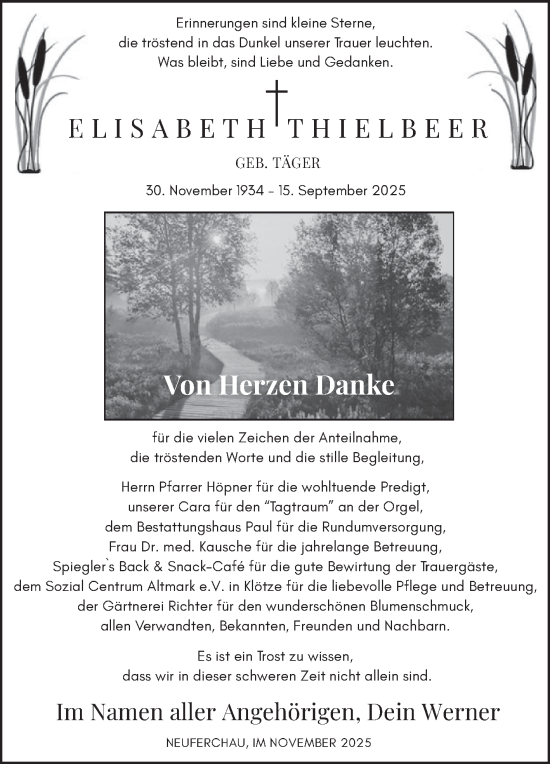 Traueranzeige von Elisabeth Thielbeer von Volksstimme Altmark West