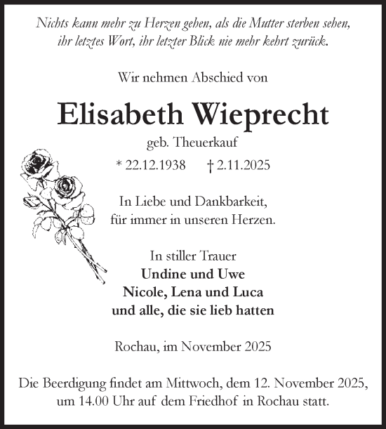 Traueranzeige von Elisabeth Wieprecht von Volksstimme Altmark Ost