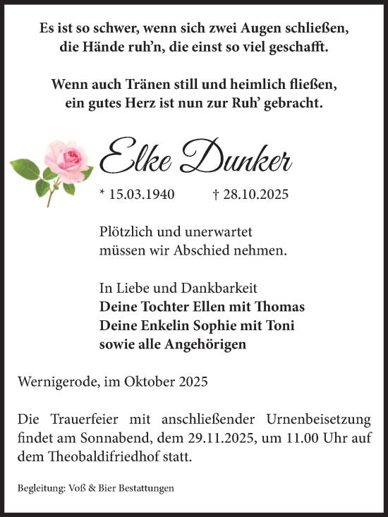 Traueranzeige von Elke Dunker von Volksstimme Wernigerode