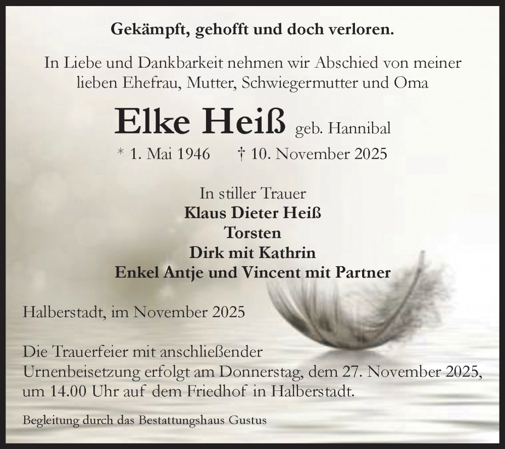  Traueranzeige für Elke Heiß vom 15.11.2025 aus Volksstimme Halberstadt