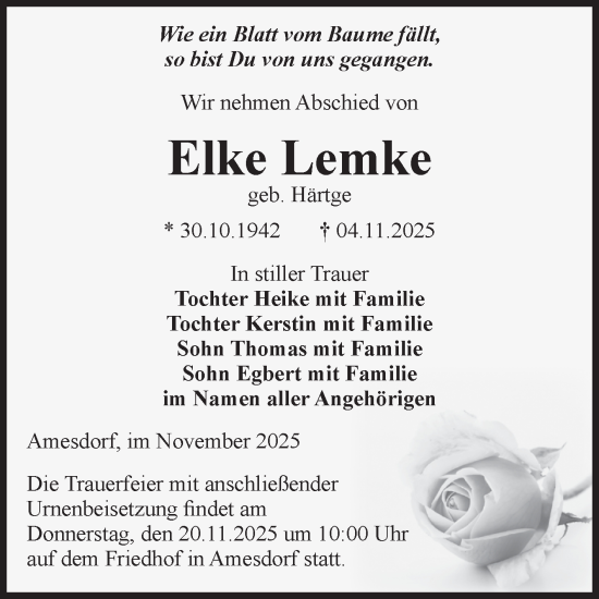 Traueranzeige von Elke Lemke von Volksstimme Staßfurt