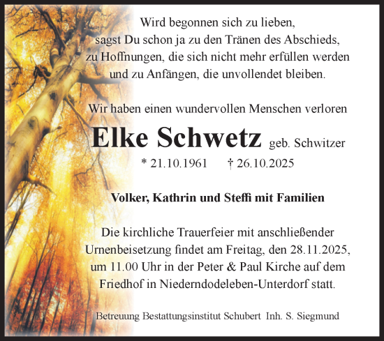 Traueranzeige von Elke Schwetz von Volksstimme Magdeburg