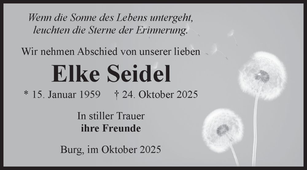  Traueranzeige für Elke Seidel vom 01.11.2025 aus Volksstimme Burg/Genthin