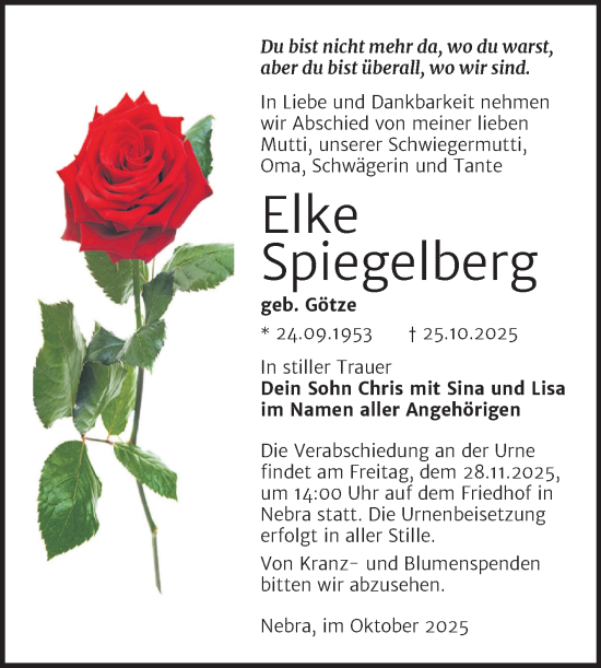 Traueranzeige von Elke Spiegelberg von Super Sonntag Naumburg/Nebra