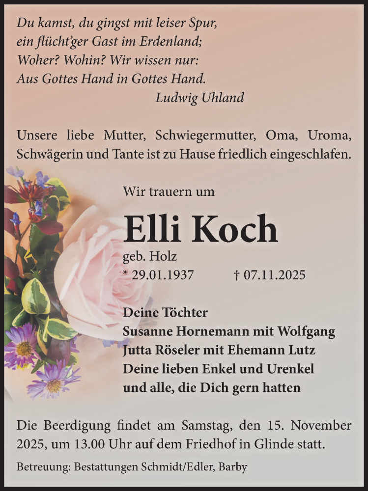  Traueranzeige für Elli Koch vom 11.11.2025 aus Volksstimme Schönebeck