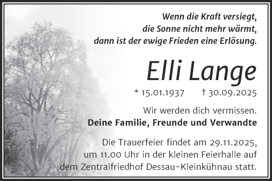 Traueranzeige von Elli Lange von Trauerkombi Dessau