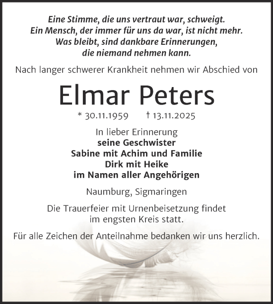 Traueranzeige von Elmar Peters von Super Sonntag Naumburg/Nebra