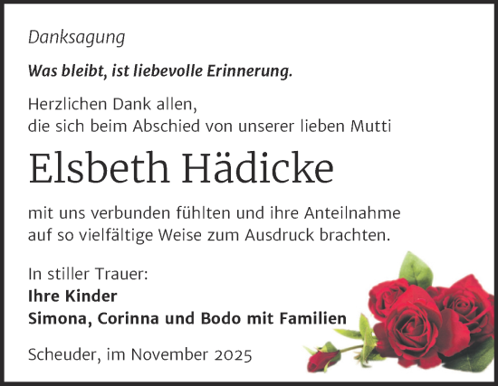 Traueranzeige von Elsbeth Hädicke von Trauerkombi Dessau