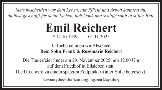 Traueranzeige von Emil Reichert von Volksstimme Oschersleben/Wanzleben