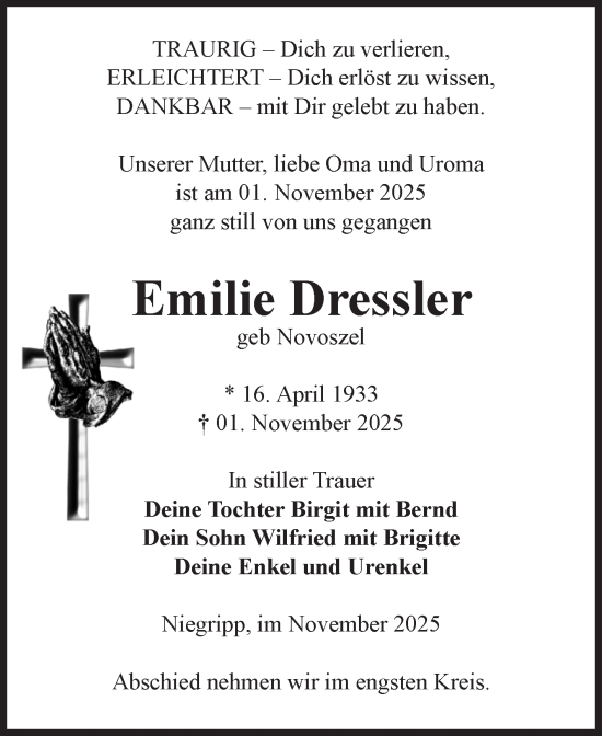 Traueranzeige von Emilie Dressler von Volksstimme Burg/Genthin