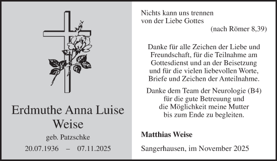 Traueranzeige von Erdmuthe Anna Luise Weise von Trauerkombi Sangerhausen