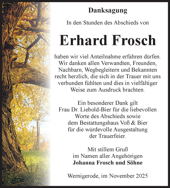 Traueranzeige von Erhard Frosch von Volksstimme Wernigerode