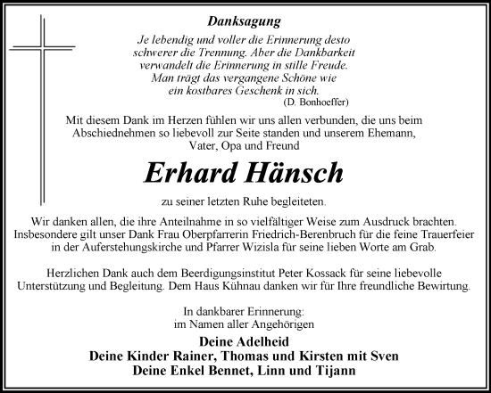 Traueranzeige von Erhard Hänsch von Trauerkombi Dessau