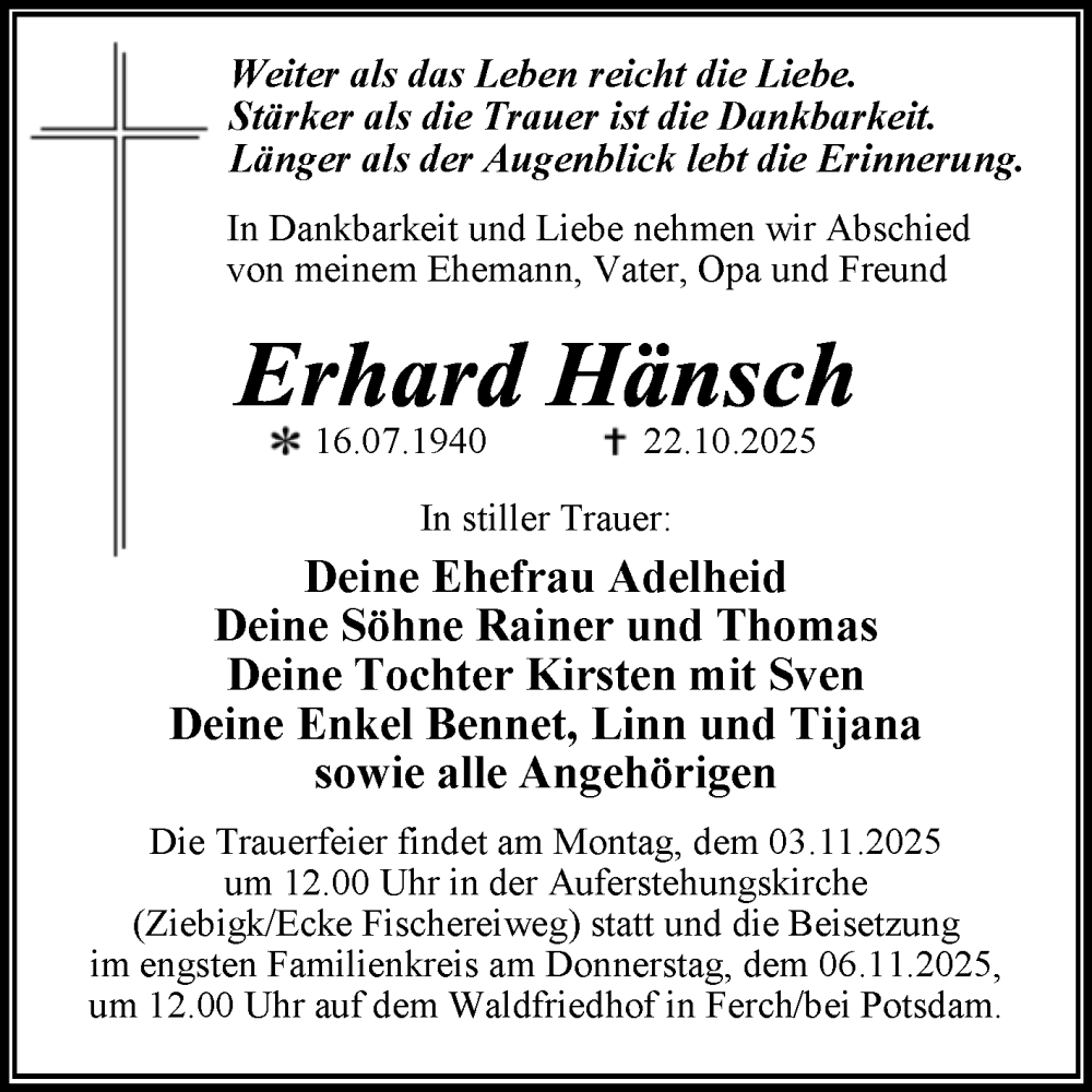  Traueranzeige für Erhard Hänsch vom 01.11.2025 aus Trauerkombi Dessau