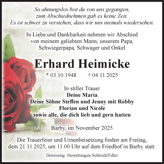 Traueranzeige von Erhard Heimicke von Volksstimme Schönebeck
