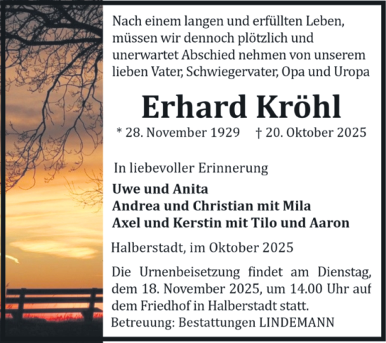 Traueranzeige von Erhard Kröhl von Volksstimme Halberstadt