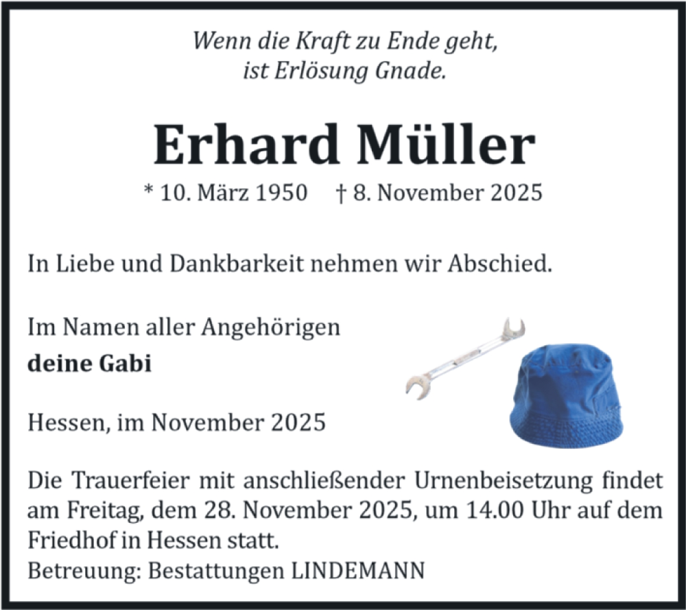  Traueranzeige für Erhard Müller vom 15.11.2025 aus Volksstimme Halberstadt